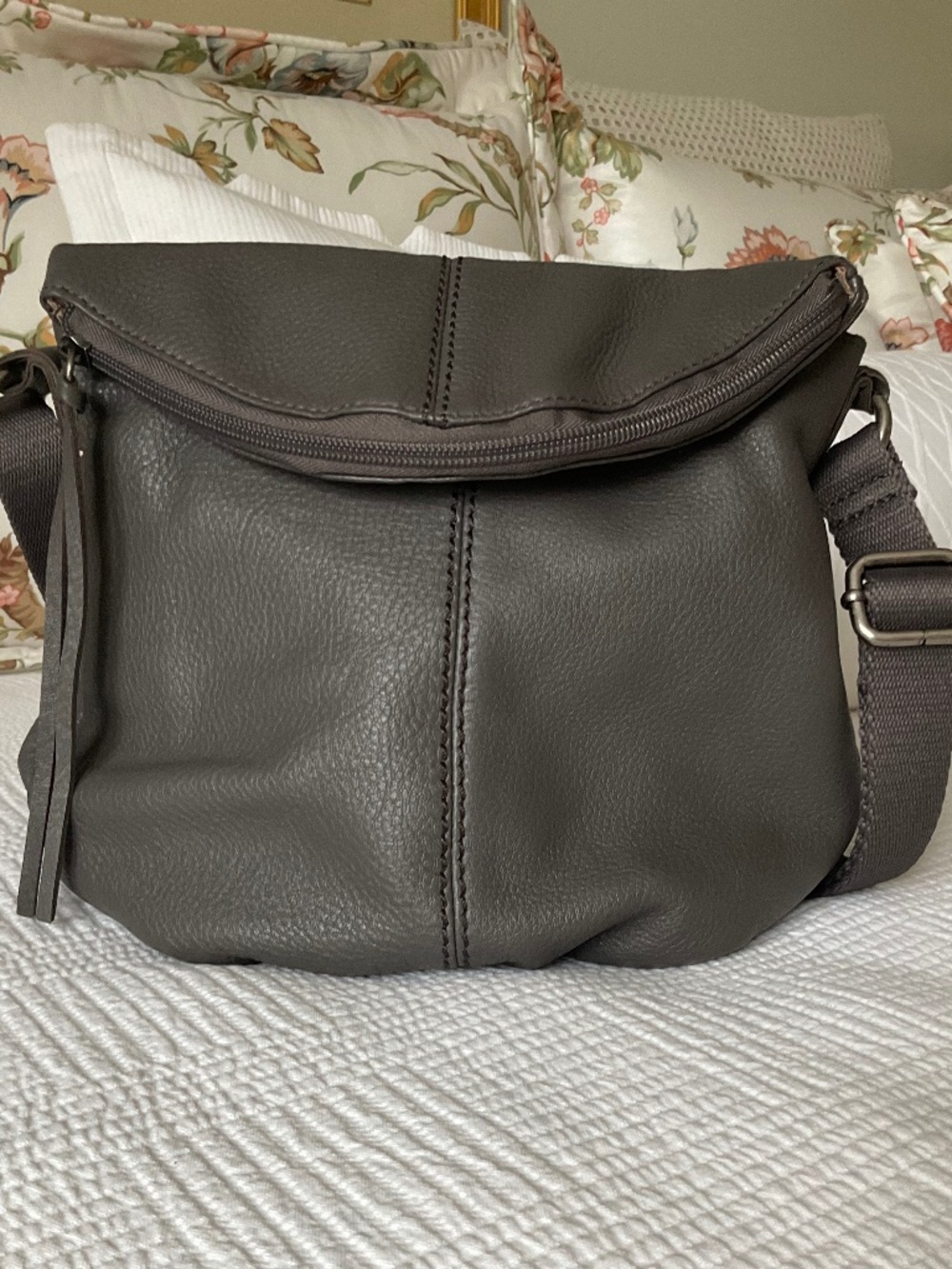 the sak Leather Flap Crossbody Bag “Deena” Slate Grey Pebble Shoulder Bag